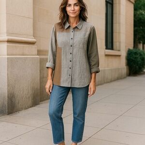 FLAX 100% Linen Gray & Brown Button Front Long Sleeve Lagenlook Top Size 18/20